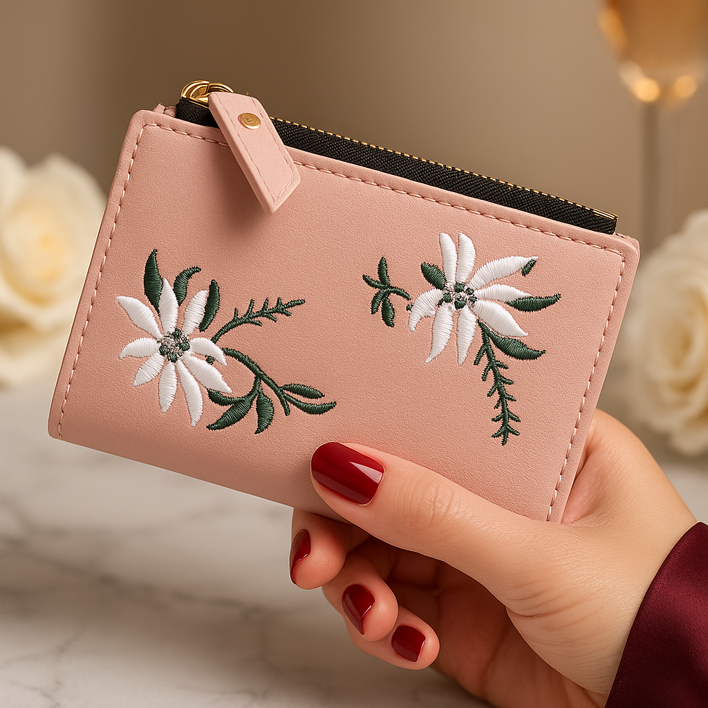 Carteira Feminina com Zíper Fino e Bordado Elegante – Para Cartões, Dinheiro e Moedas