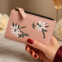 Carteira Feminina com Zíper Fino e Bordado Elegante – Para Cartões, Dinheiro e Moedas